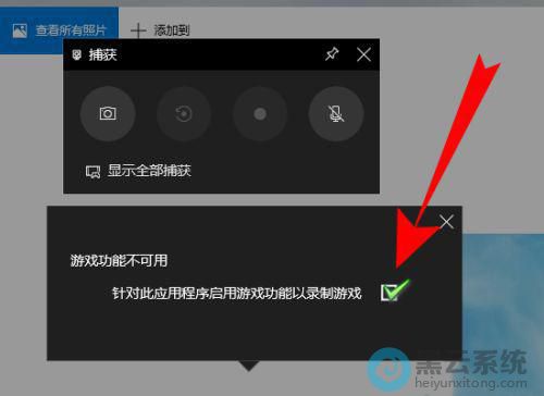 勾选针对此应用程序启用游戏功能以录制游戏