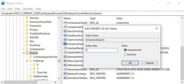 启用Win10 1903系统的沉浸式搜索栏的方法